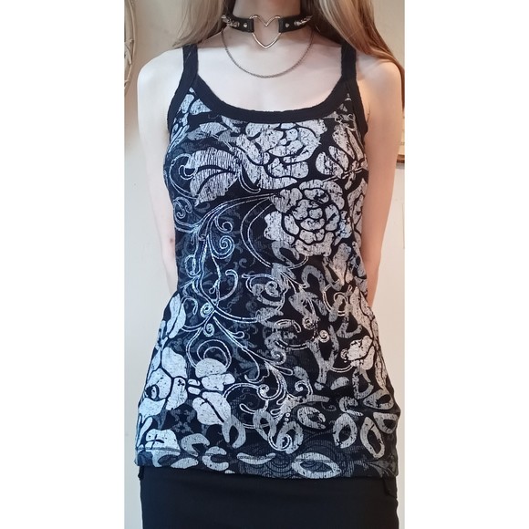 FANG Tops - Y2K VINTAGE SPARKLY ROSE PRINT BLACK & WHITE TANK TOP